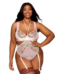Front view of VINTAGE ROSE EMBROIDERY PLUS SIZE BRA AND OPEN CUP TEDDY