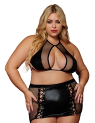 Front view of FAUX-LEATHER AND FISHNET PLUS SIZE BRALETTE AND GARTER SKIRT SET