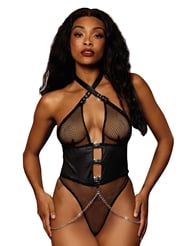 Front view of FAUX-LEATHER AND FISHNET HALTER TEDDY