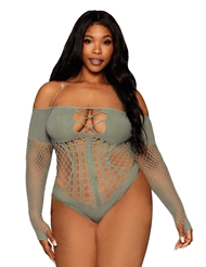 Front view of SAGE LONG SLEEVE NET PLUS SIZE TEDDY