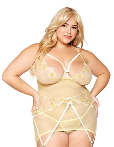 DAISY EMBROIDERY MESH PLUS SIZE CHEMISE - 13237X-04019