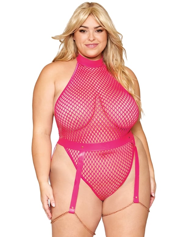 Fishnet And Faux-Leather Plus Size Teddy And Garter Belt default view Color: PNY