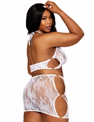 Alternate back view of LILY PLUS SIZE LACE BRALETTE AND MINI SKIRT SET