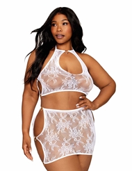 Front view of LILY PLUS SIZE LACE BRALETTE AND MINI SKIRT SET