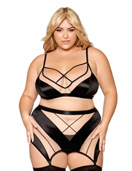 Front view of SHEER PANELED PLUS SIZE BRALETTE AND GARTER SKIRT SET
