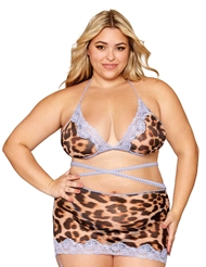 Front view of LEOPARD MESH PLUS SIZE BRALETTE AND GARTER SKIRT SET