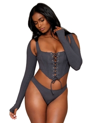 Front view of RIB KNIT BUSTIER AND THONG WITH SHRUG SET