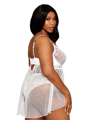 Alternate back view of SATIN AND LACE MESH PLUS SIZE BABYDOLL WITH PEARL DETAIL