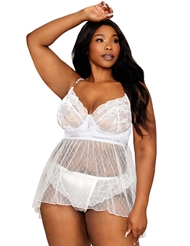 Front view of SATIN AND LACE MESH PLUS SIZE BABYDOLL WITH PEARL DETAIL