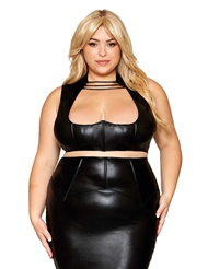 Front view of BELLADONNA FAUX-LEATHER PLUS SIZE BRA AND LONG SKIRT