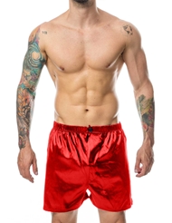 Alternate front view of RED SATIN SHORTS