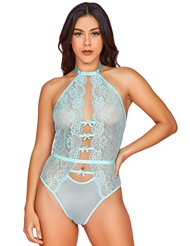 Front view of TAKE A BOW LACE HALTER TEDDY