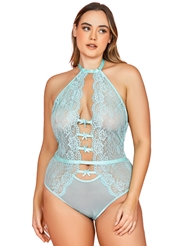 Front view of TAKE A BOW LACE PLUS SIZE HALTER TEDDY