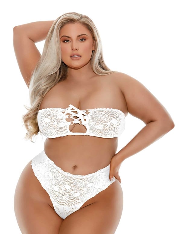 Barely Bare White Lace-Up Bra & Thong W/Finger Vibe default view Color: WH