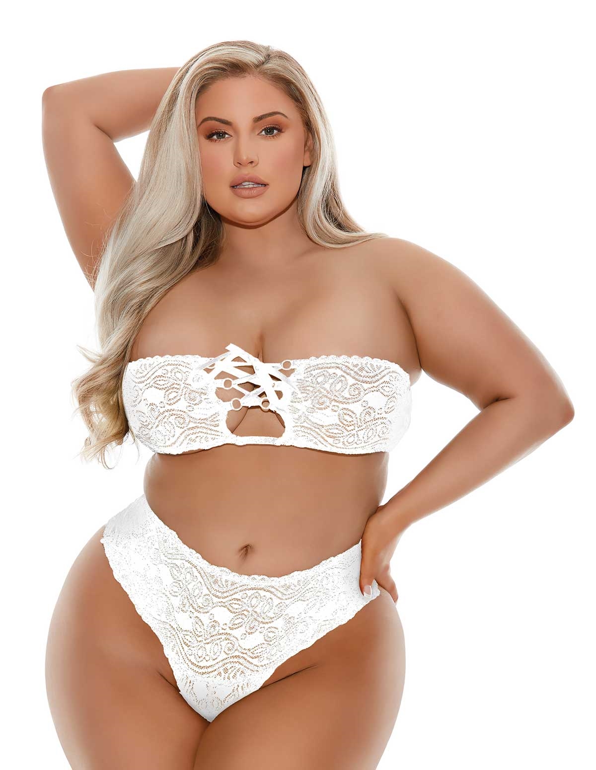 alternate image for Barely Bare White Lace-Up Bra & Thong W/Finger Vibe