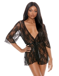 Front view of BARELY BARE LACE MINI ROBE W/FINGER VIBE