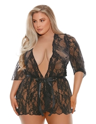 Front view of BARELY BARE LACE PLUS SIZE MINI ROBE W/FINGER VIBE