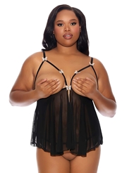 Front view of BARELY BARE CUPLESS BABYDOLL & OPEN THONG W/ FREE FINGER VIBE