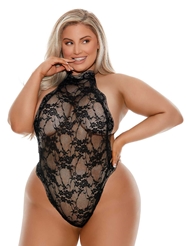 Front view of BARELY BARE HIGH NECK BACKLESS PLUS SIZE TEDDY W/FINGER VIBE