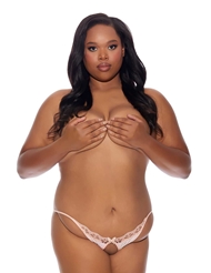 Front view of BARELY BARE PEACH LACE EDGE PLUS SIZE OPEN PANTY W/FINGER VIBE