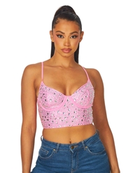Front view of LANEY RHINESTONE PINK BUSTIER CROP TANK TOP
