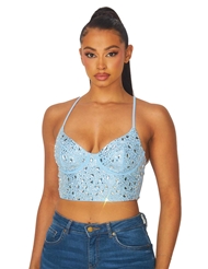 Front view of LANEY RHINESTONE BABY BLUE BUSTIER CROP TANK TOP