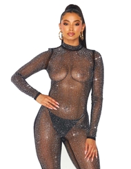 Front view of ESTHER RHINESTONE MOCK NECK JUMPSUIT