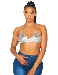 Front view of DAZED SILVER CHAINMAIL RHINESTONE HALTER BRA TOP