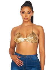 Front view of DAZED GOLD CHAINMAIL RHINESTONE HALTER BRA TOP