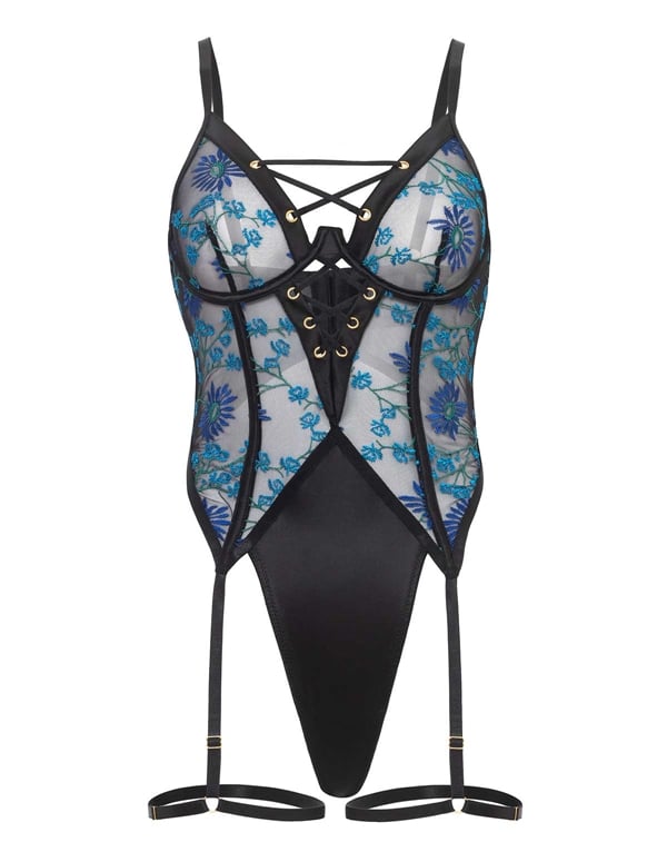 Lola Embroidered Teddy With Garterstays ALT3 view Color: BK