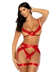 Additional  view of product JESSICA 3PC OPEN CUP BRA SET WITH GARTER STAYS with color code RD