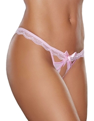 Front view of PEACH-Y PINK LACE AND MESH OPEN PANTY