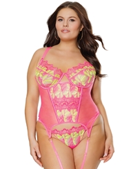 Front view of PINK PRIMROSE PLUS SIZE BUSTIER AND THONG