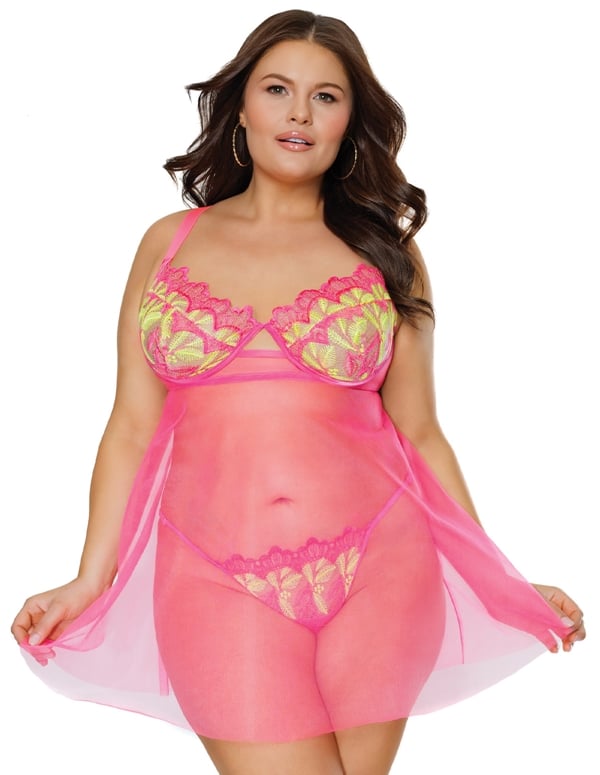 Pink Primrose Plus Size Babydoll And Thong ALT2 view Color: YHP