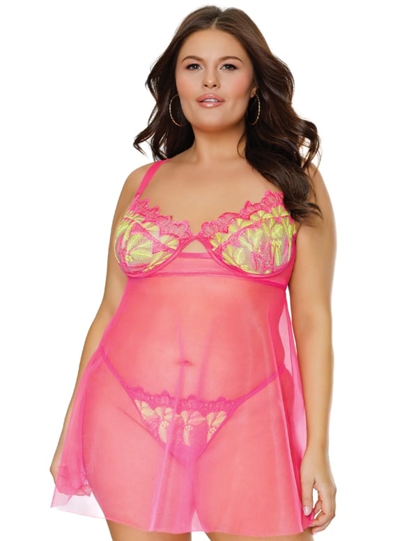 Pink Primrose Plus Size Babydoll And Thong default view Color: YHP