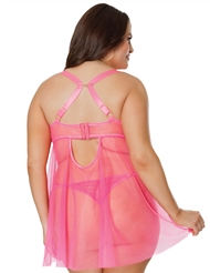Alternate back view of PINK PRIMROSE PLUS SIZE BABYDOLL AND THONG