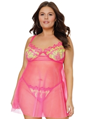 Front view of PINK PRIMROSE PLUS SIZE BABYDOLL AND THONG