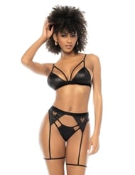 Front view of SPOTLIGHT 3PC WET LOOK BRA SET WITH HEART DETAIL