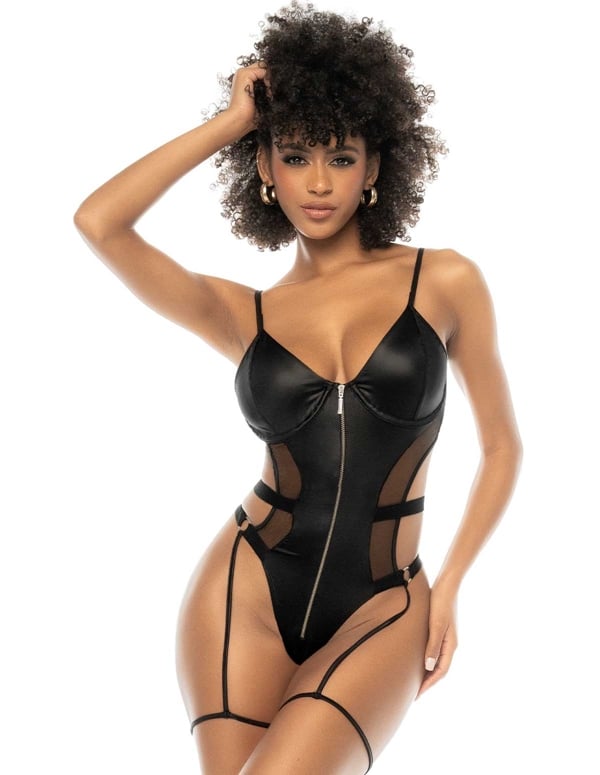 Spotlight Zipper Teddy With Garter Straps ALT2 view Color: BK