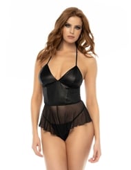 Front view of PROVOKE WET LOOK AND SHEER ROMPER