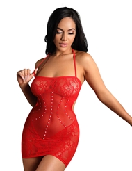 Front view of FEEL THE HEAT LACE HALTER DRESS