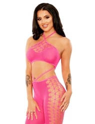 Front view of OWN THE NIGHT CROPPED CUT-OUT HALTER BODYSTOCKING
