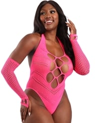 Front view of FLASHBACK UV REACTIVE FISHNET TEDDY WITH GLOVES/LEG WARMERS