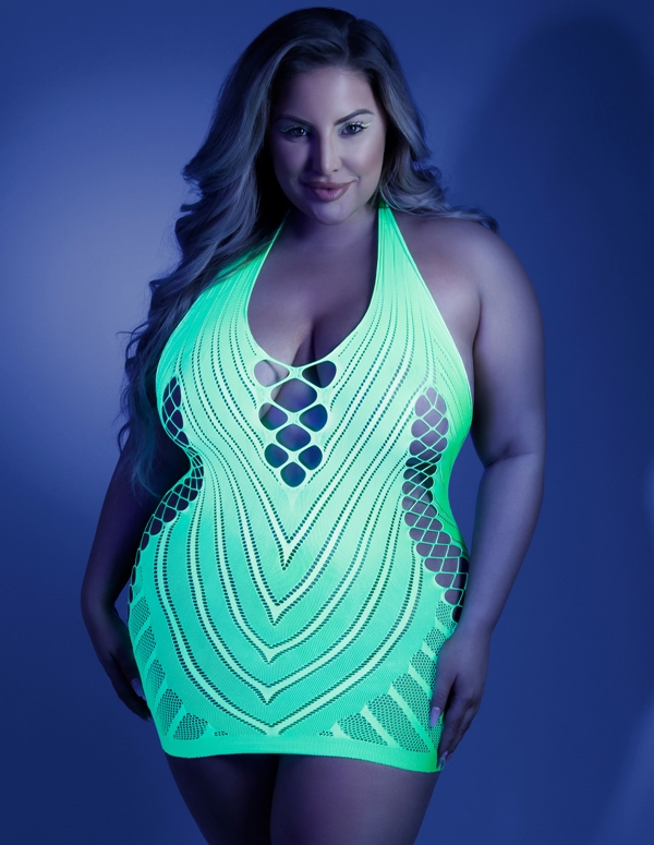 Shock Value Neon Green Seamless Halter Dress ALT6 view Color: NG