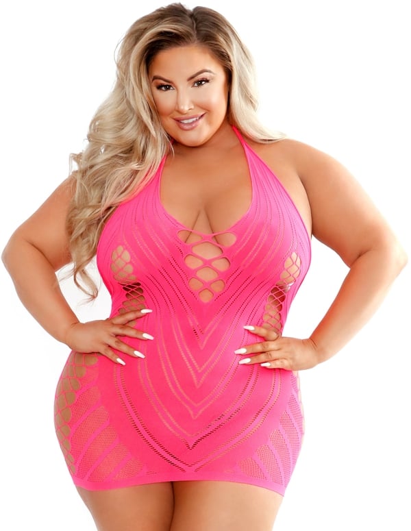 Shock Value Neon Pink Seamless Halter Dress ALT2 view Color: NP