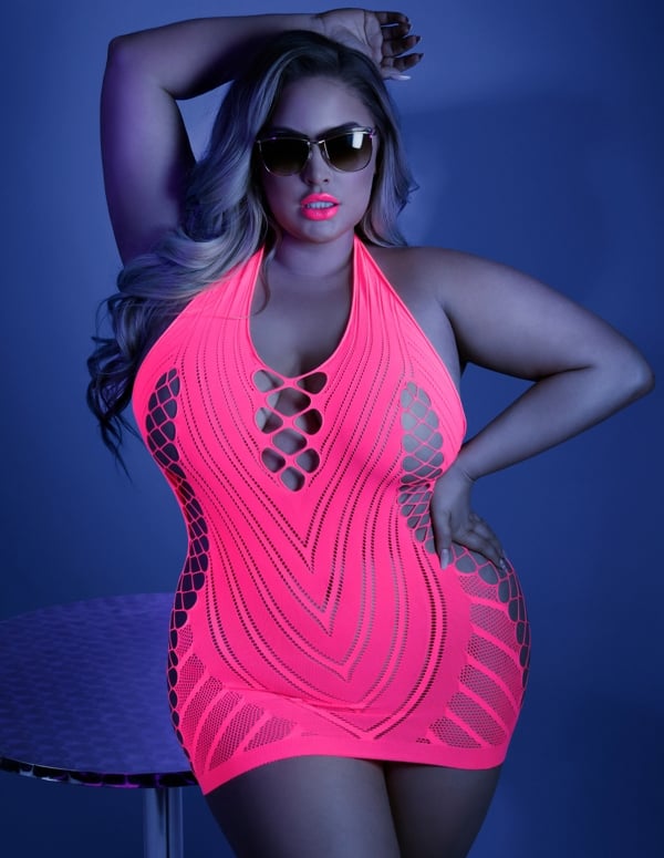 Shock Value Neon Pink Seamless Halter Dress ALT6 view Color: NP