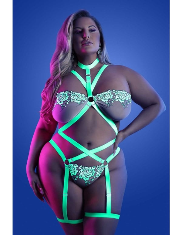 Night Vision Glow-In-The-Dark Strappy Teddy ALT6 view Color: WH