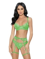 Front view of 3PC GREEN BRA SET WITH HEART DETAIL