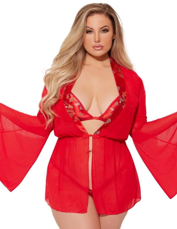 Year Of The Dragon 3Pc Plus Size Bra And Panty With Robe default view Color: RD