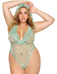 Front view of RHINESTONE FISHNET HOODED PLUS SIZE TEDDY
